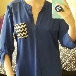 Blue Blouse with Chevron Pocket